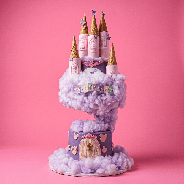 Fantasy castle cake with colorful towers on a pink background