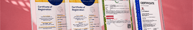 Flour girl framed certificates on a pink background, HACCP, HALAL, ISO, Food Safety.