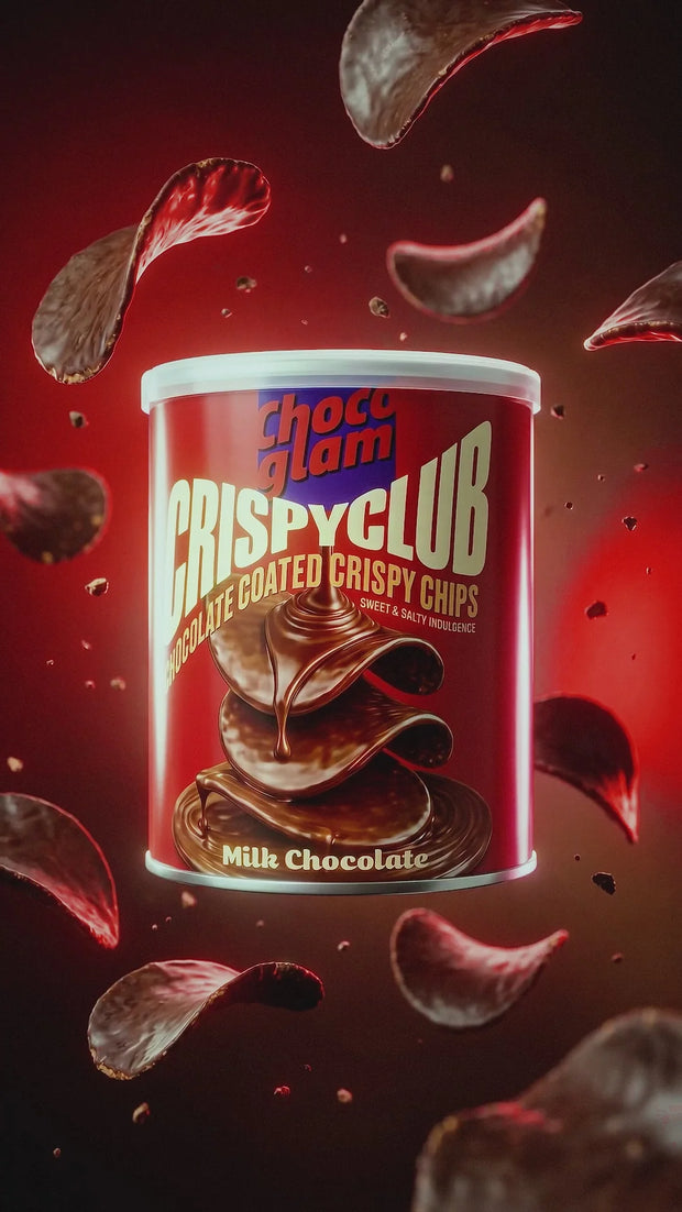 Choco Glam Crispy Club can with chocolate-coated crispy chips on a red background, private-labelled by Flour Girl