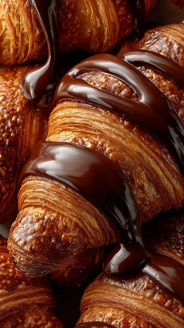 Croissants with chocolate drizzle on a dark background. Horeca & Foodservice by Flour Girl Bakeries UAE Dubai Abu Dhabi.