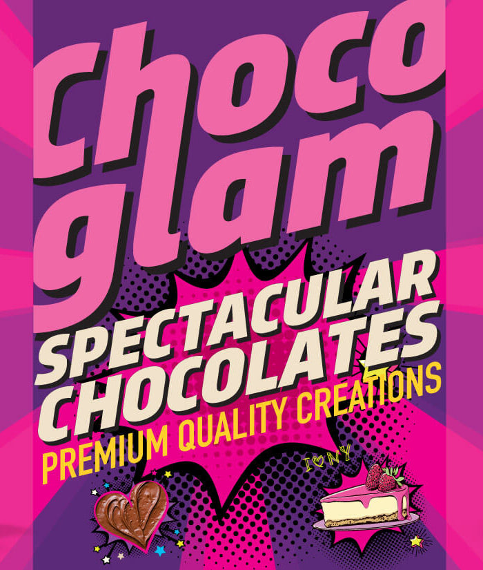 Choco Glam chocolate packaging on a pink and purple gradient background. Private label by Flour Girl UAE Dubai Abu Dhabi.