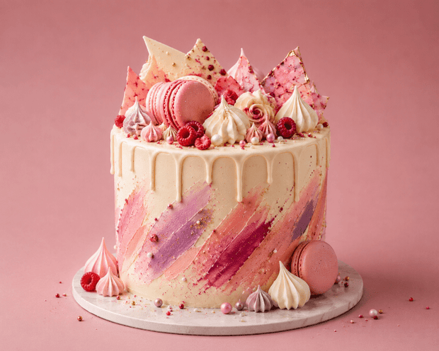 Decorative cake with pink and white frosting, macarons, and flowers on a pink background