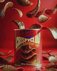 Animation of Choco Glam Crispy Club can with chocolate-coated crispy chips on a red background, private-labelled by Flour Girl